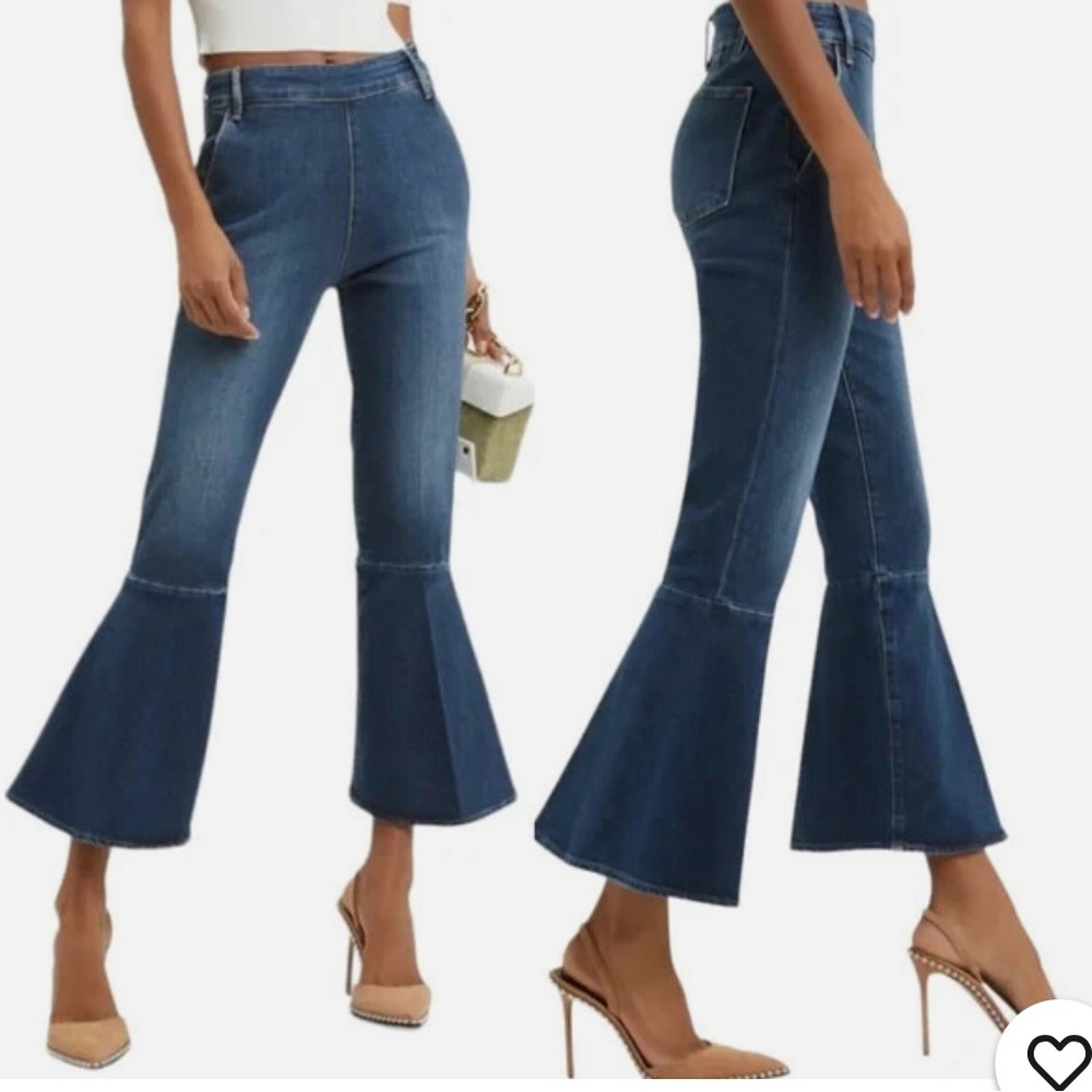Frame Denim Flounce Side Zip Jeans High Rise Cropped Flare Stretch Dark Wash 24